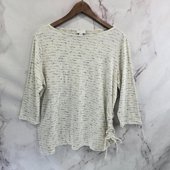 J Jill Shirt Womens Large Gray Speckled Neutral Ruched Tie Quarter Sleeve Pure - Picture 1 of 11